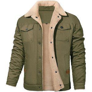 Men Army Green Fleece Lined Trucker Warm Thick Winter Jacket with Fur Collar